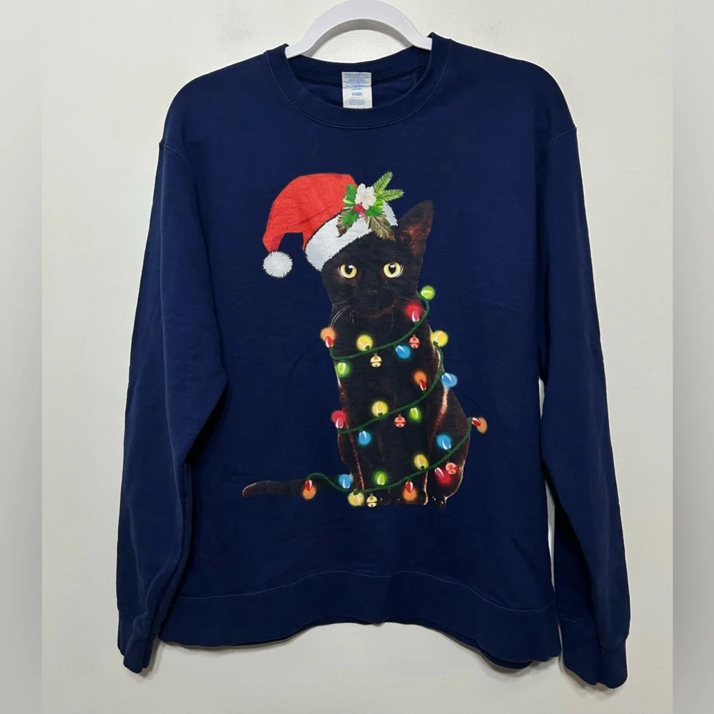 Christmas Cat Santa Hat Lights Novelty Sweatshirt Size Large - Picture 3 of 8